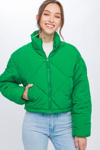 Woven Solid Zip Up Puffer Jacket