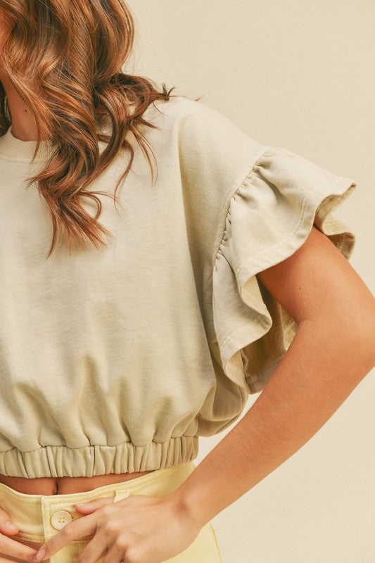 Washed Cotton Ruffle Sleeve Top