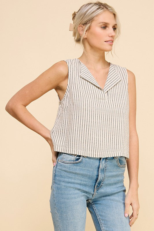 Stripe V- Neck Linen Blend Tank