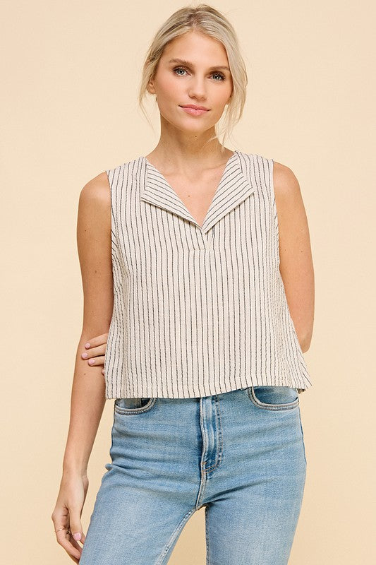 Stripe V- Neck Linen Blend Tank