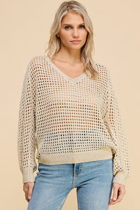 Open Weave Foil Knit V-Neck Sweater