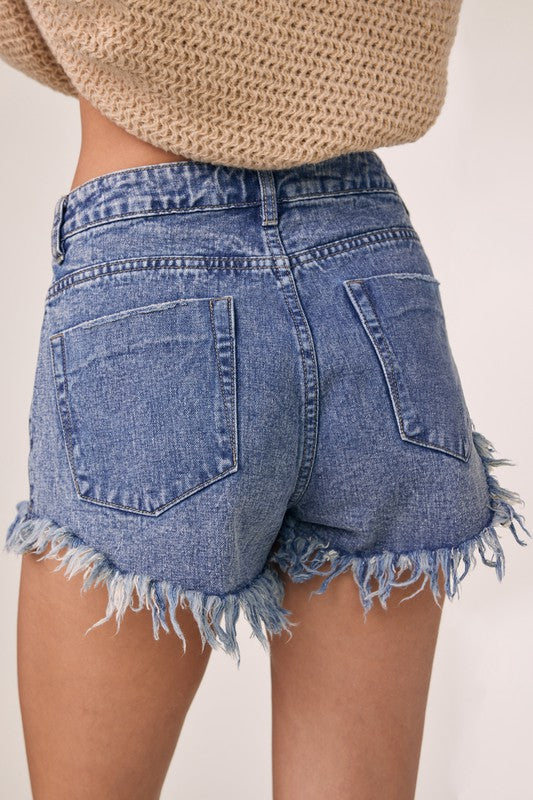 Frayed Hem Mid Rise Denim Shorts