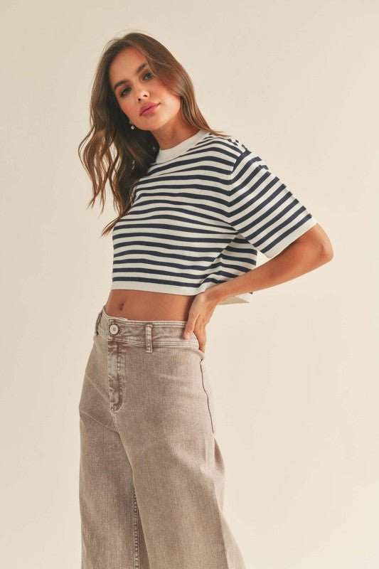 Short Sleeve Stripe Pattern Knit Top