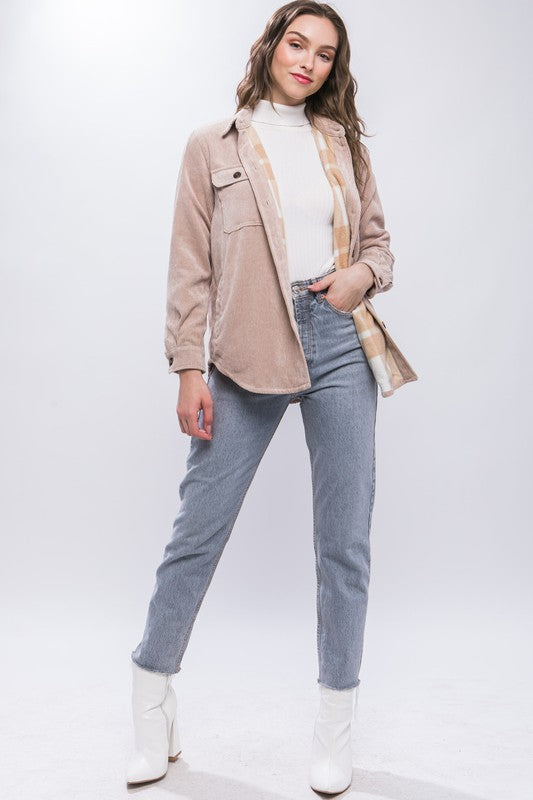 Corduroy Shacket with Plaid Inner Lining