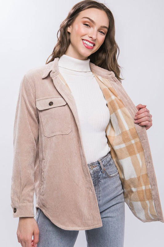Corduroy Shacket with Plaid Inner Lining