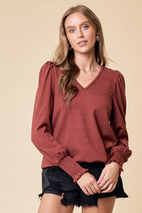 Puff Sleeve Smocked V-Neck