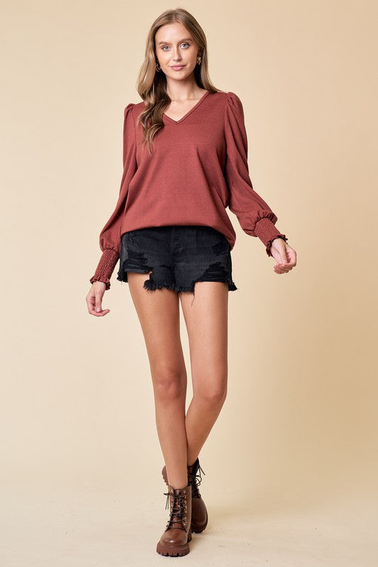 Puff Sleeve Smocked V-Neck
