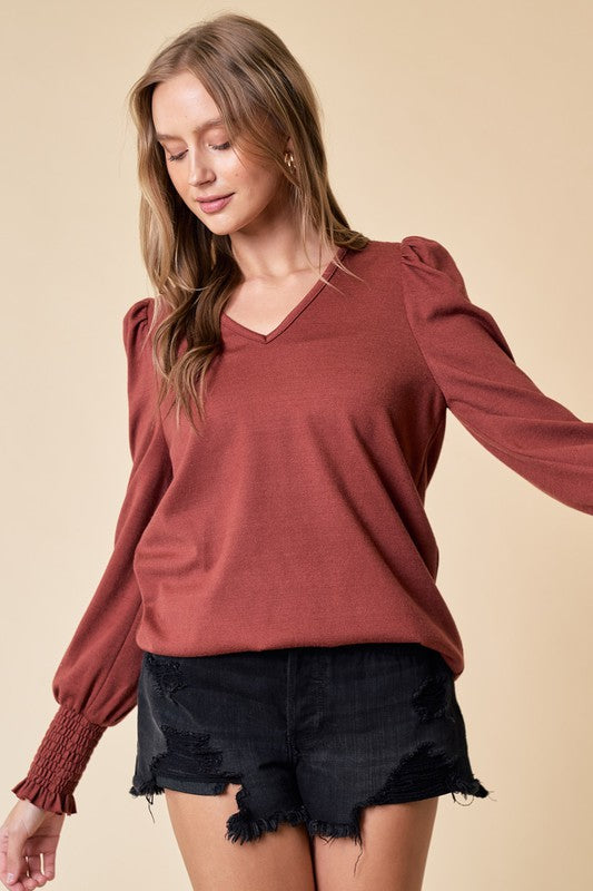 Puff Sleeve Smocked V-Neck