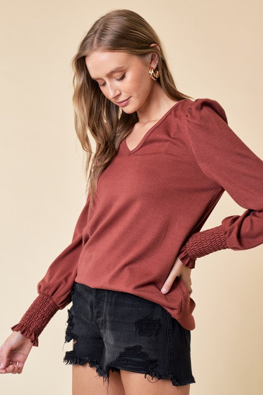 Puff Sleeve Smocked V-Neck