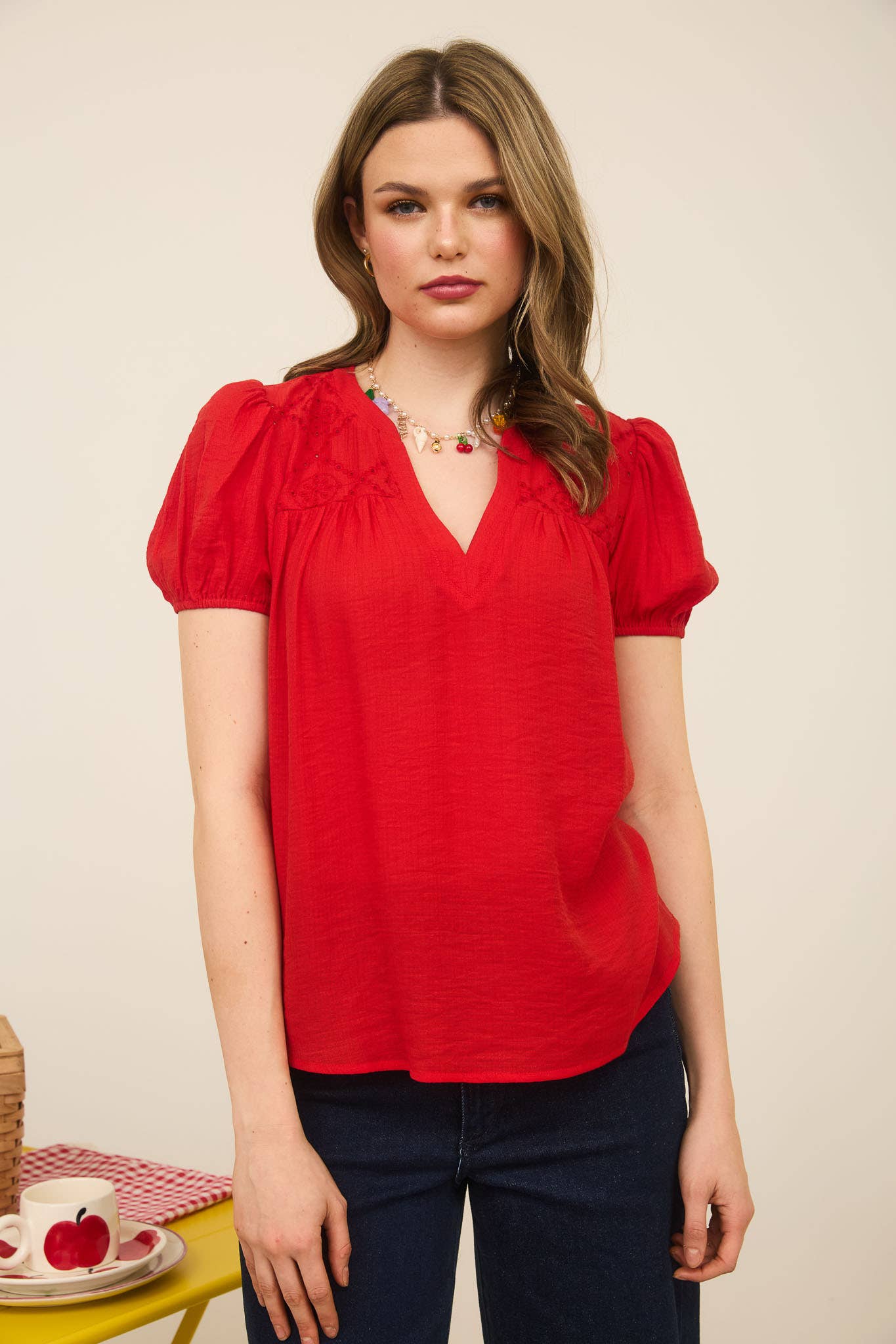 White or Navy Eyelet Top with Puff Sleeves
