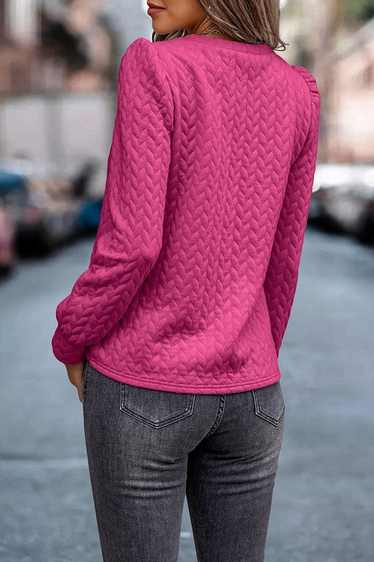 Blossom Cable Textured Puff Sleeve Sweatshirt
