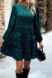 Velvet Smocked Puff Sleeve Ruffle Mini Dress