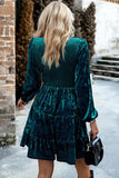 Velvet Smocked Puff Sleeve Ruffle Mini Dress