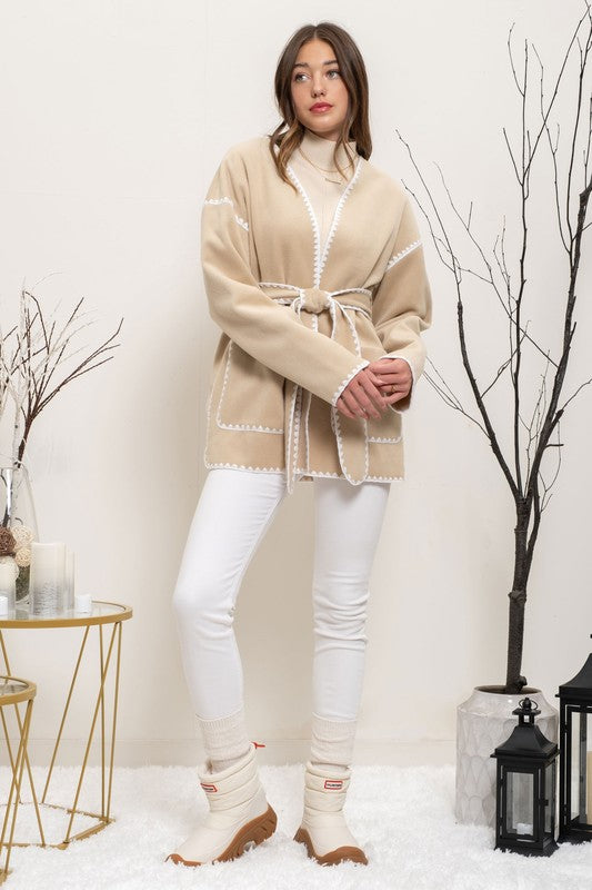 Contrast Hem Belted Cardigan