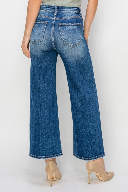 High Rise Side Slit Fray Hem Wide Jeans