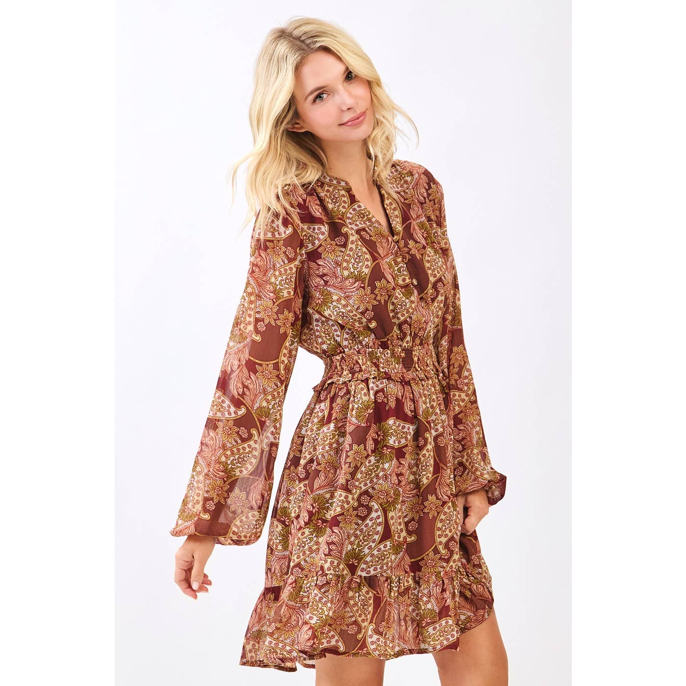 BOHO PAISLEY PRINT SMOCKED WAIST RUFFLE MINI DRESS
