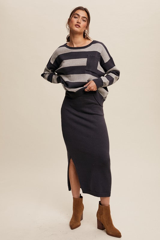Striped Sweater and Knit Pencil Skirt Set
