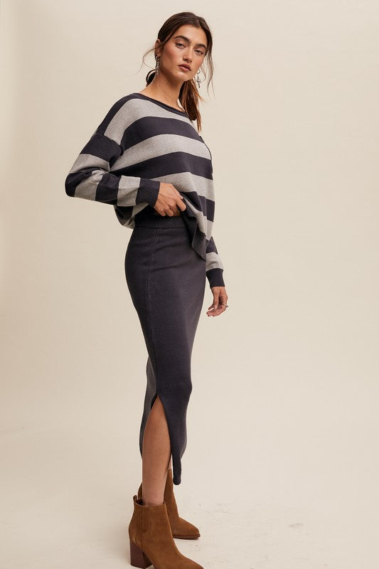 Striped Sweater and Knit Pencil Skirt Set
