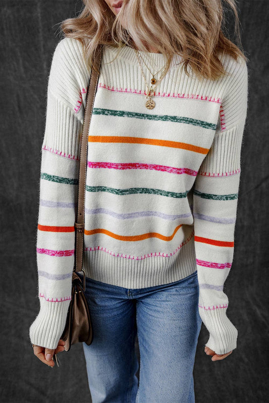 Stripe Ribbed Trim Crewneck Sweater