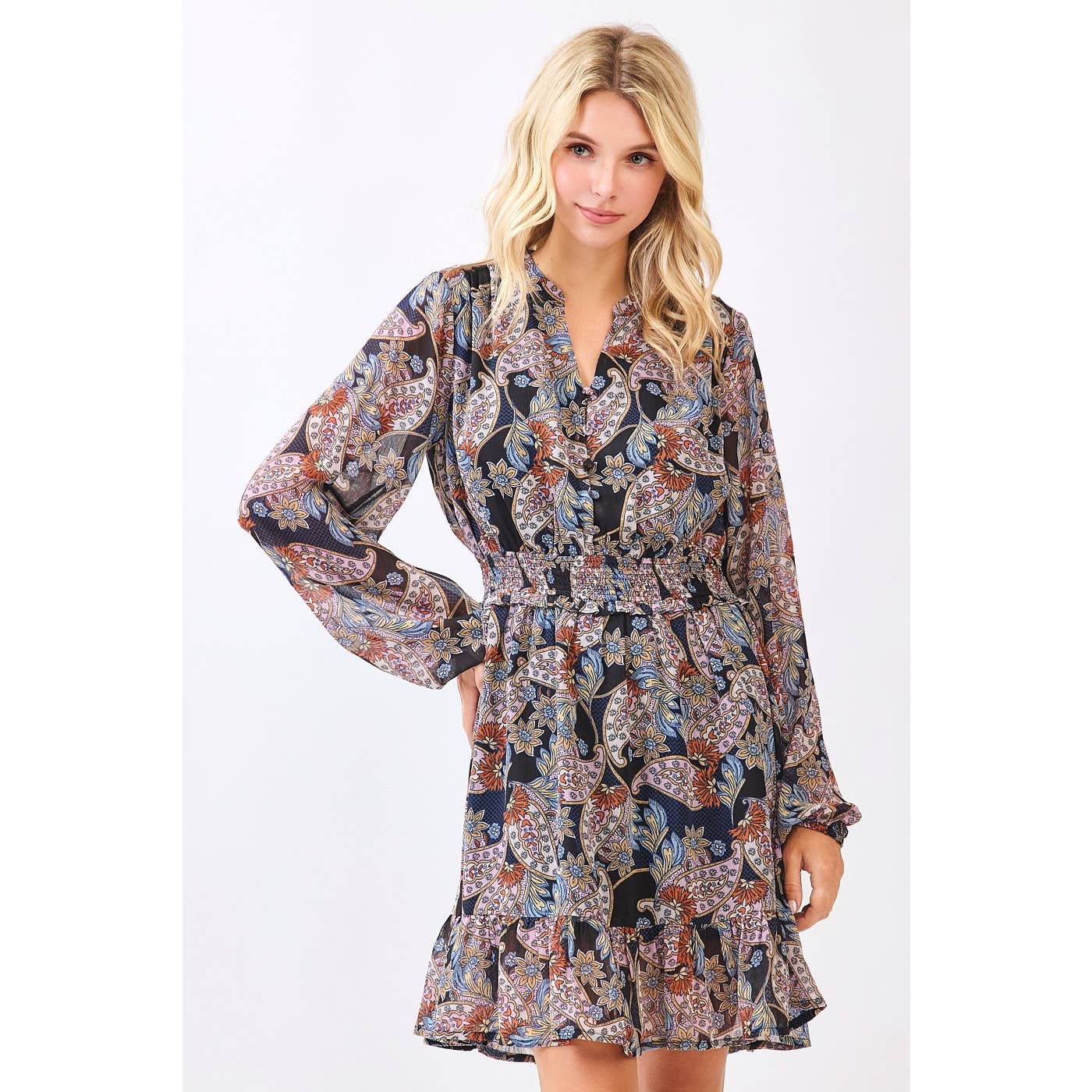 BOHO PAISLEY PRINT SMOCKED WAIST RUFFLE MINI DRESS