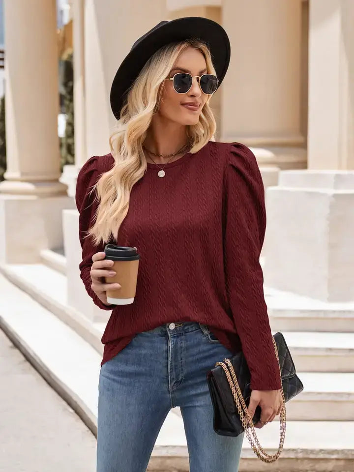 Red Cable Knit Long Sleeve Casual Top