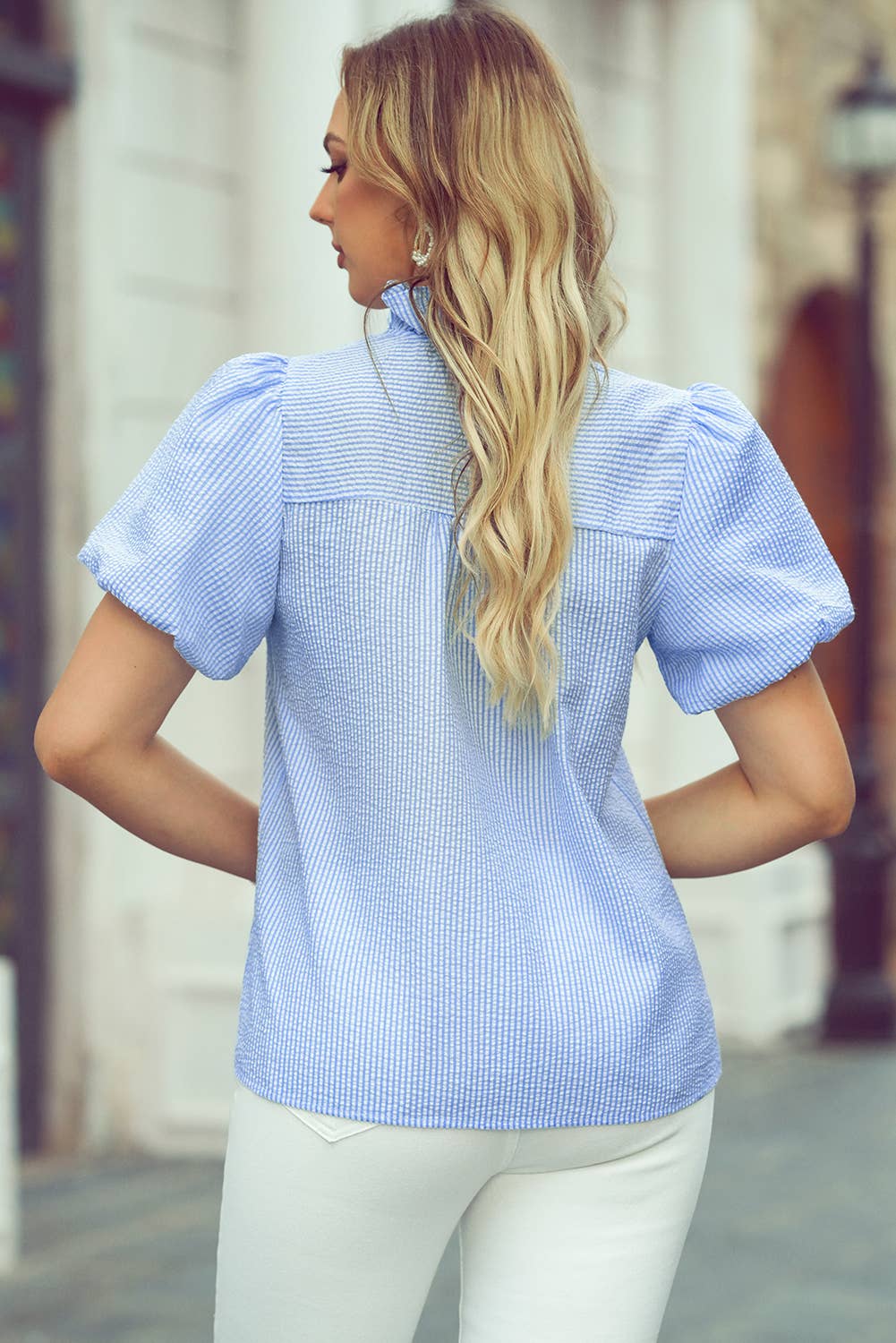 Striped Ruffle Short Bubble Sleeve Top