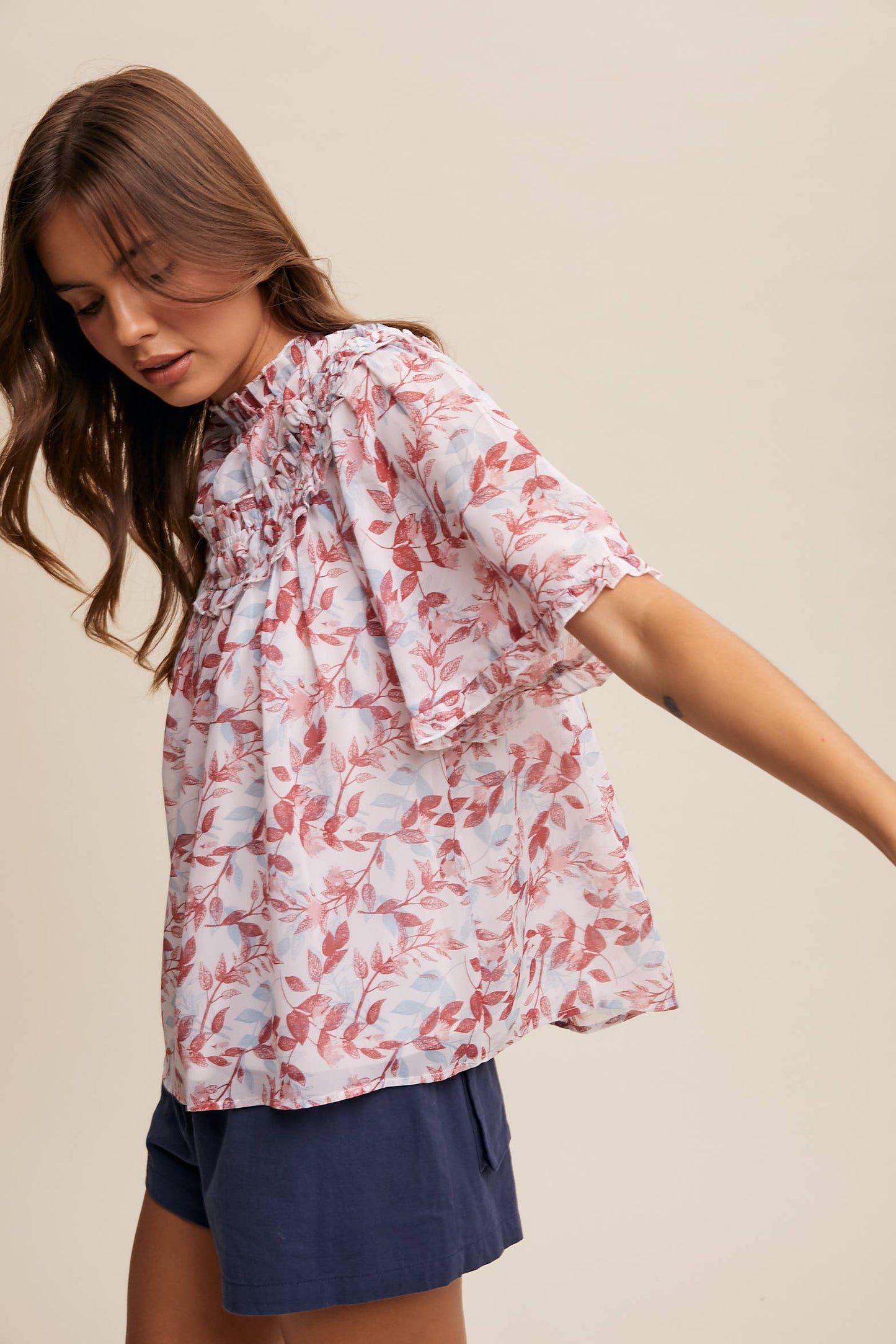 Floral Print Ruffle Blouse