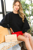 Textured Puff Sleeve Sweater Top Black