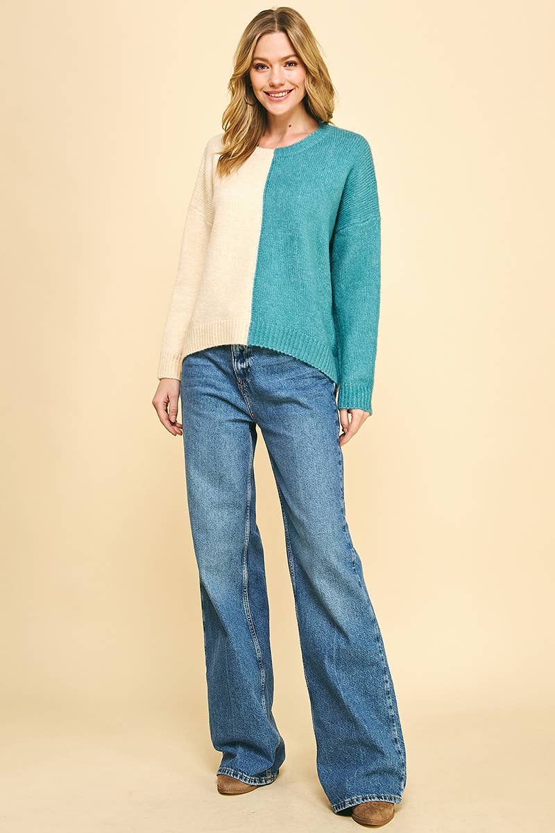 Split Colorblock Sweater - Ivory / Turq