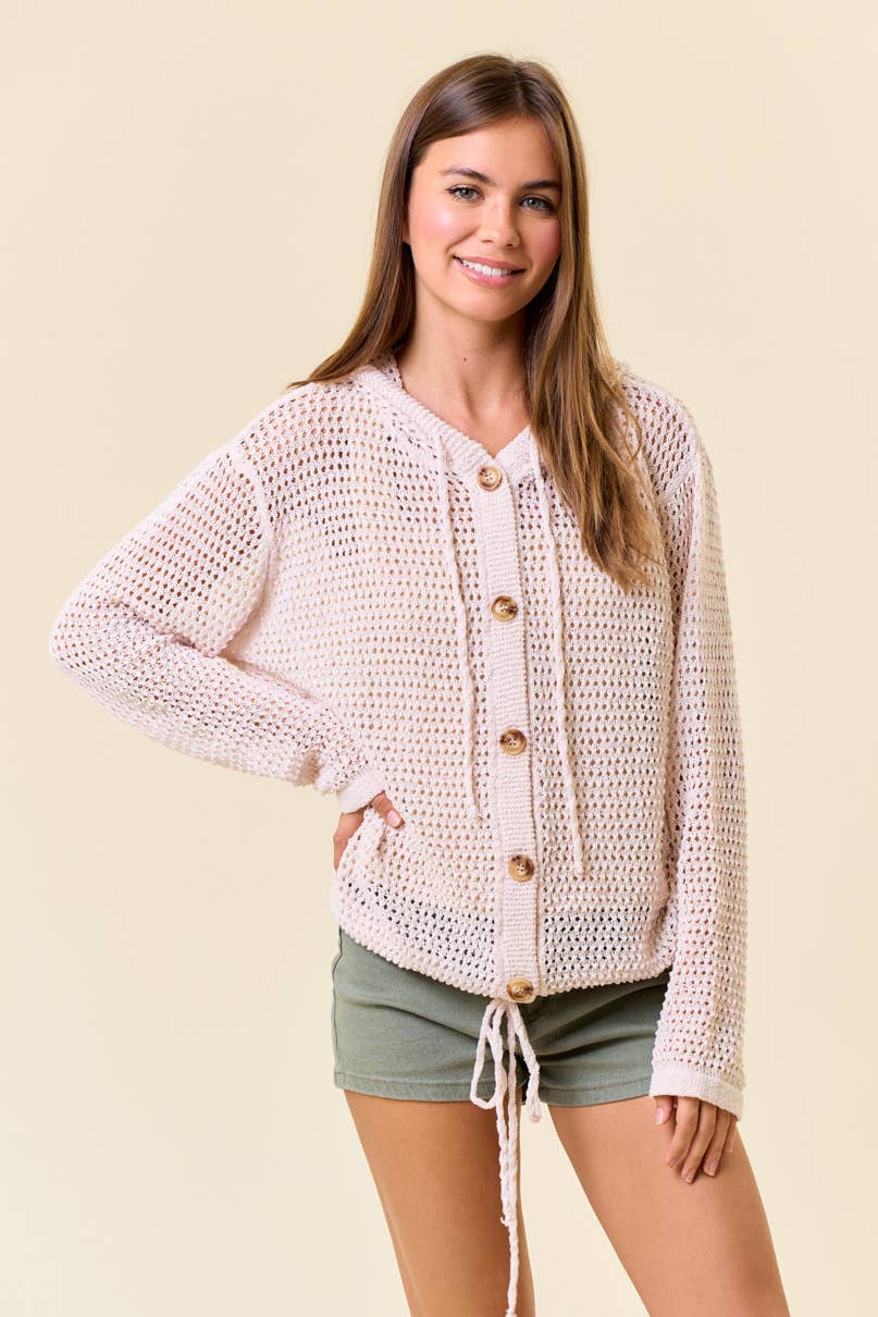 Net Hoodie Cardigan With Big Wooden Button