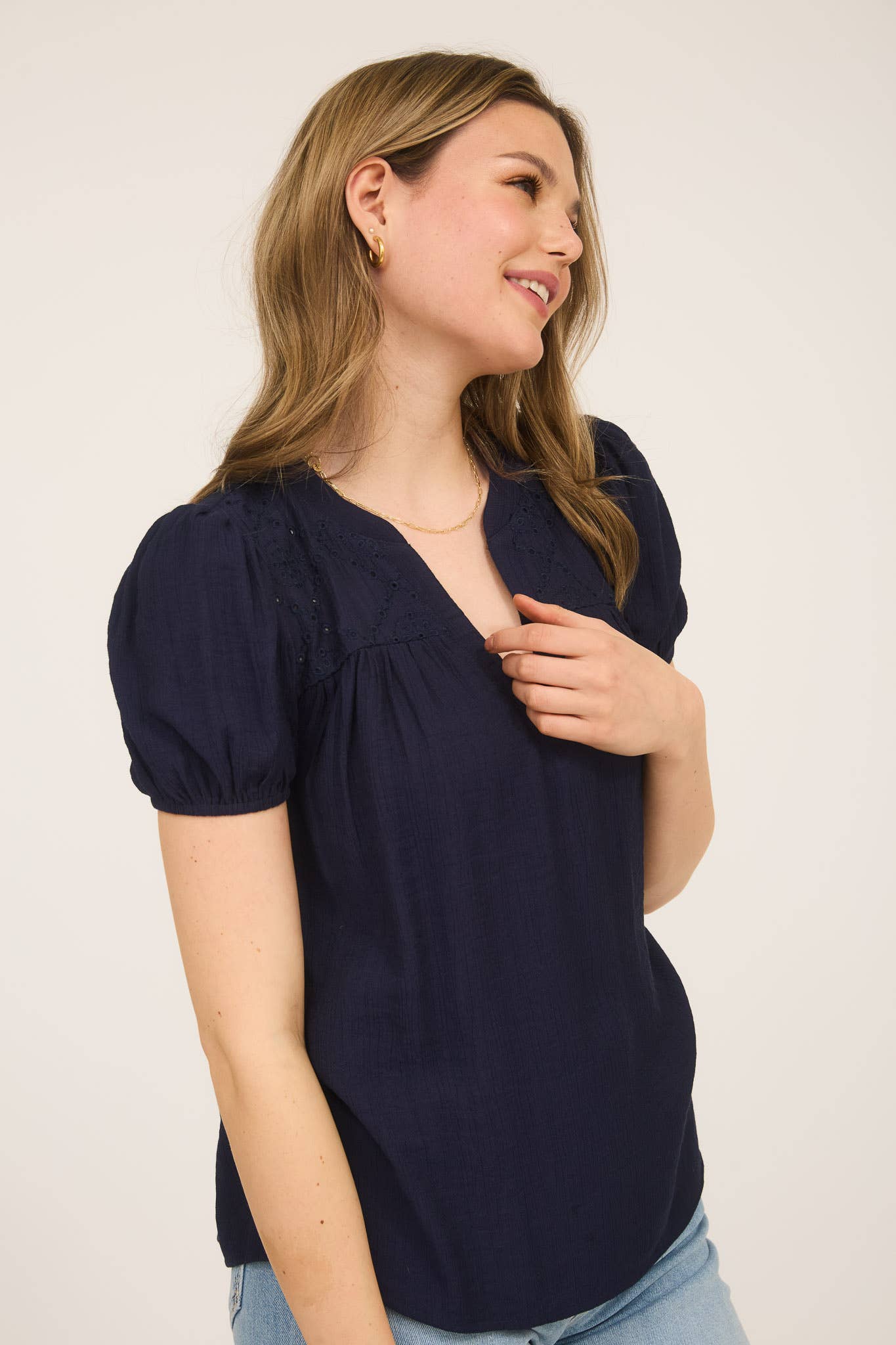White or Navy Eyelet Top with Puff Sleeves