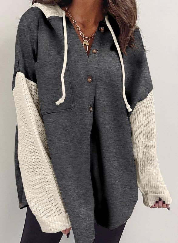 Colorblock Hoodie Sweatshirt w/ Buttons