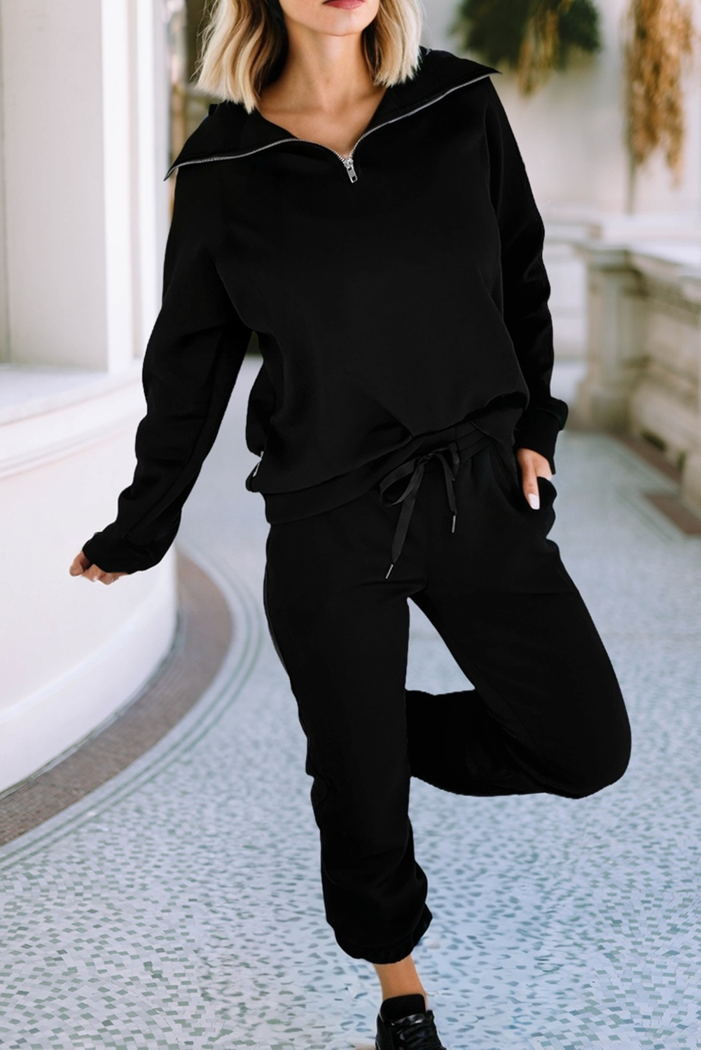 Zip Collar Long Sleeve Top in Taupe