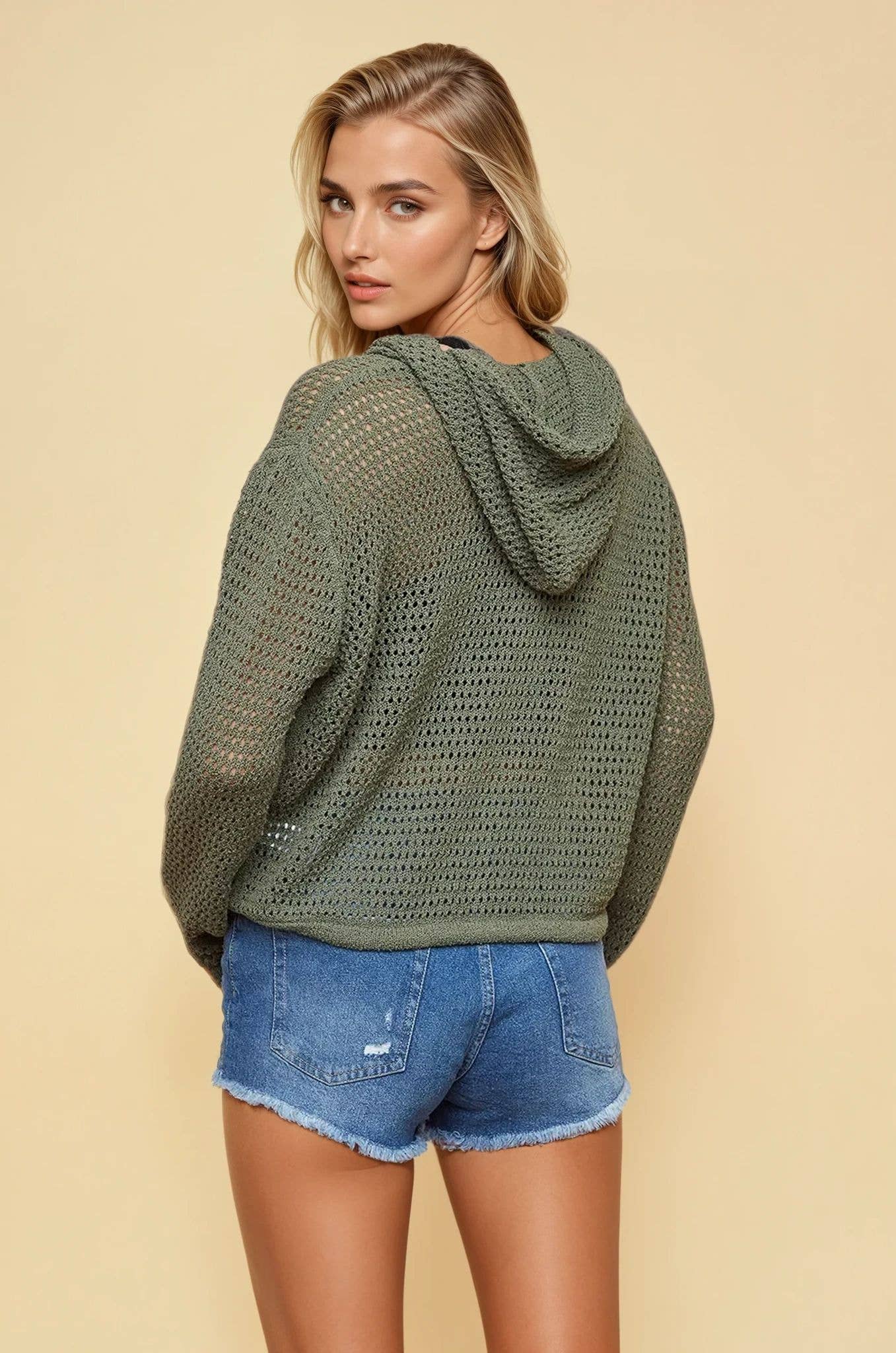 Net Hoodie Cardigan With Big Wooden Button
