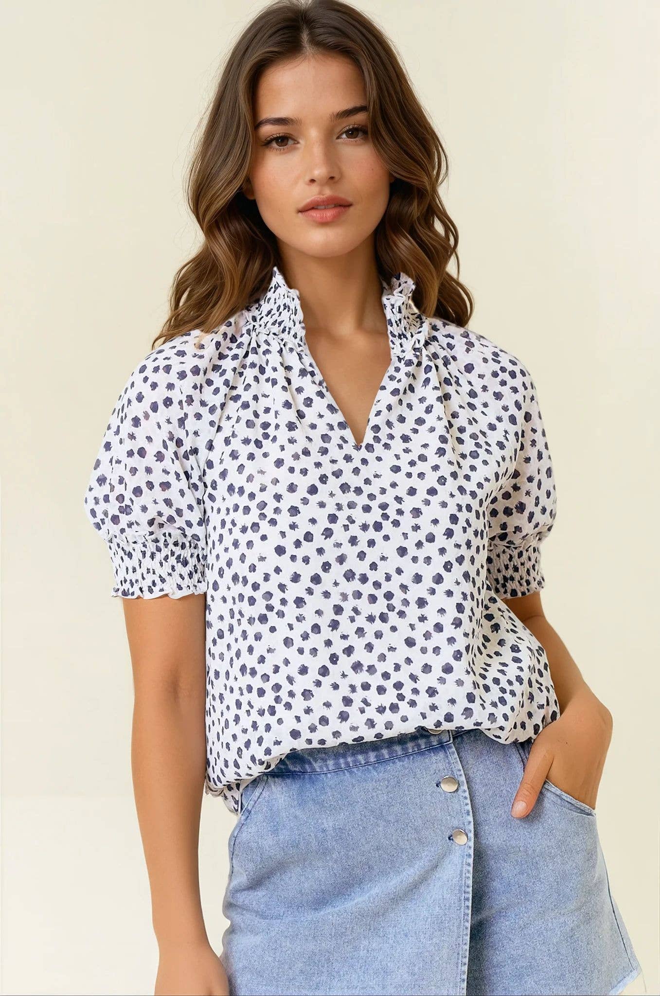Dot Print Short Sleeve Blouse