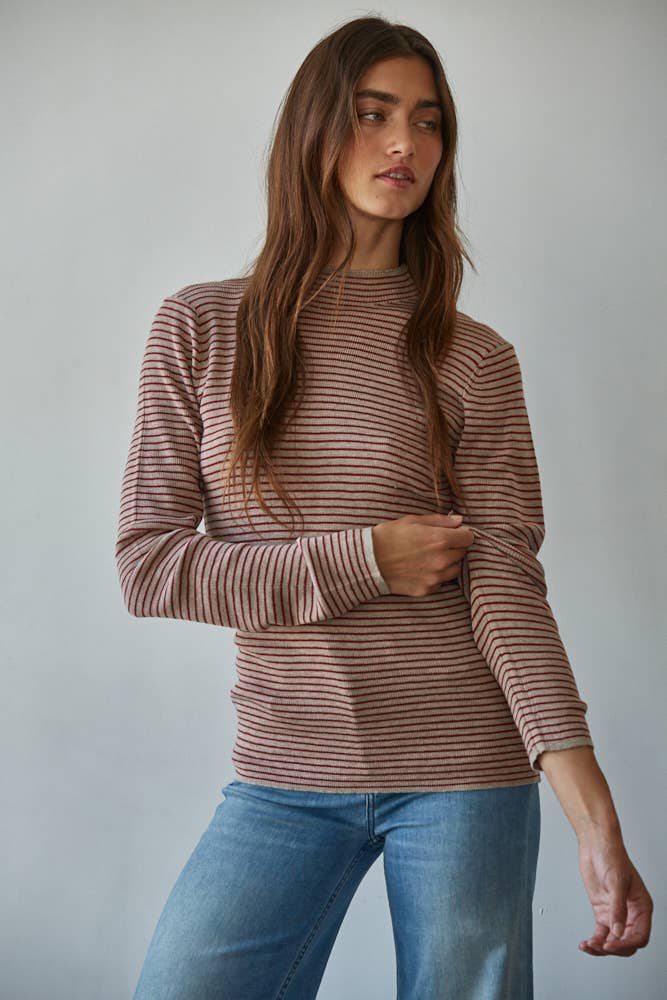 Knit Sweater Striped Mock Neck Long Sleeve Top