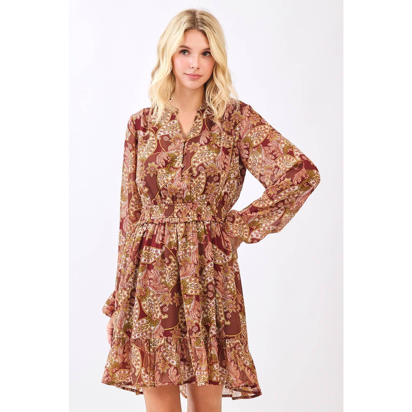 BOHO PAISLEY PRINT SMOCKED WAIST RUFFLE MINI DRESS