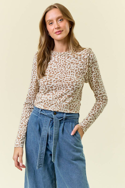Leopard Printed Ruffle Long Sleeve Top