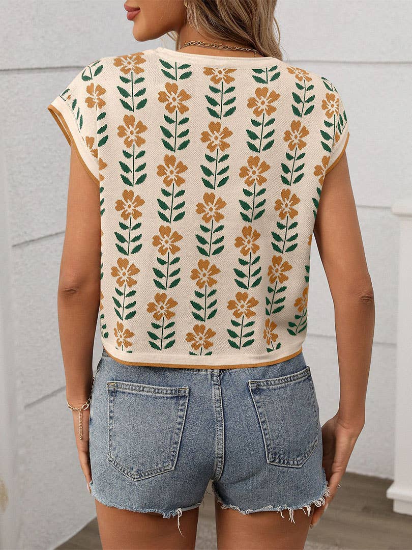 Knit Floral Cropped Short-Sleeves Color Block Sweater MD188