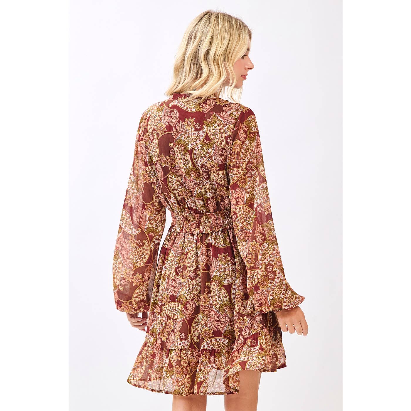 BOHO PAISLEY PRINT SMOCKED WAIST RUFFLE MINI DRESS