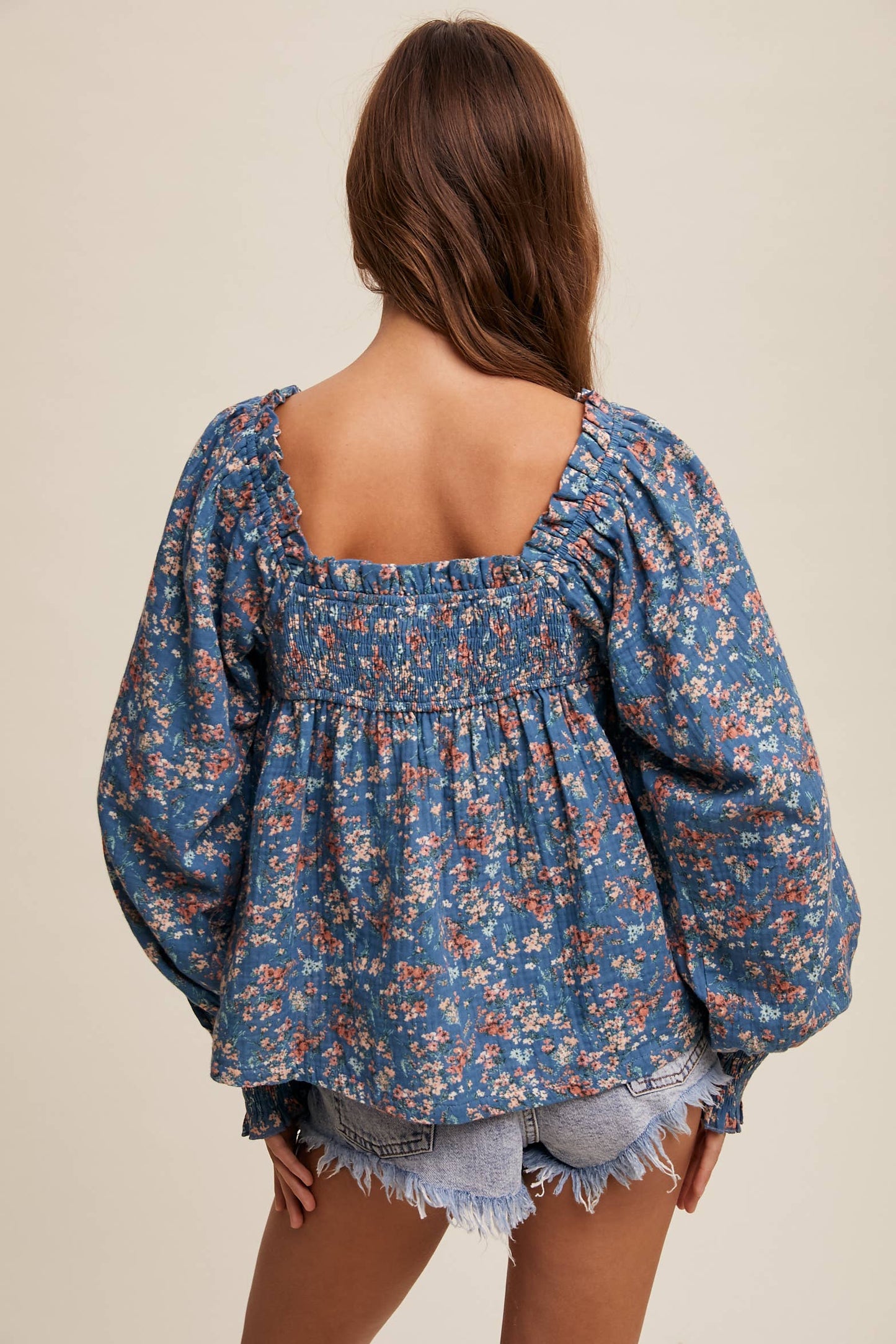 Square-Neck Floral Print Blouse