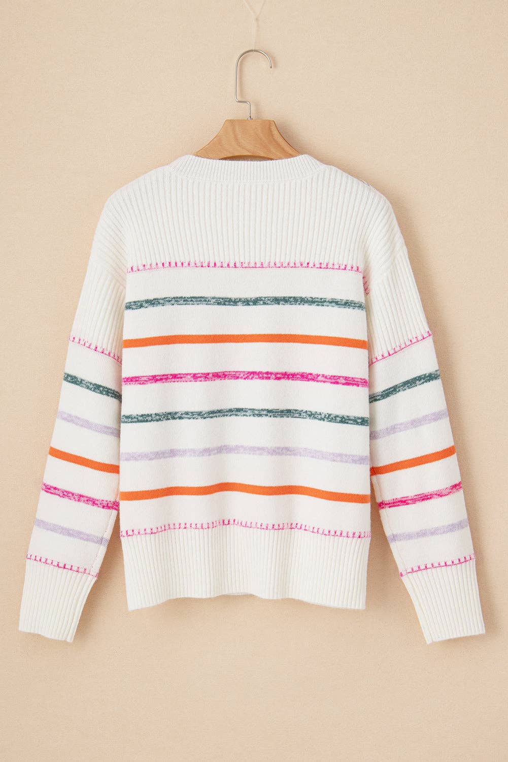 Stripe Ribbed Trim Crewneck Sweater