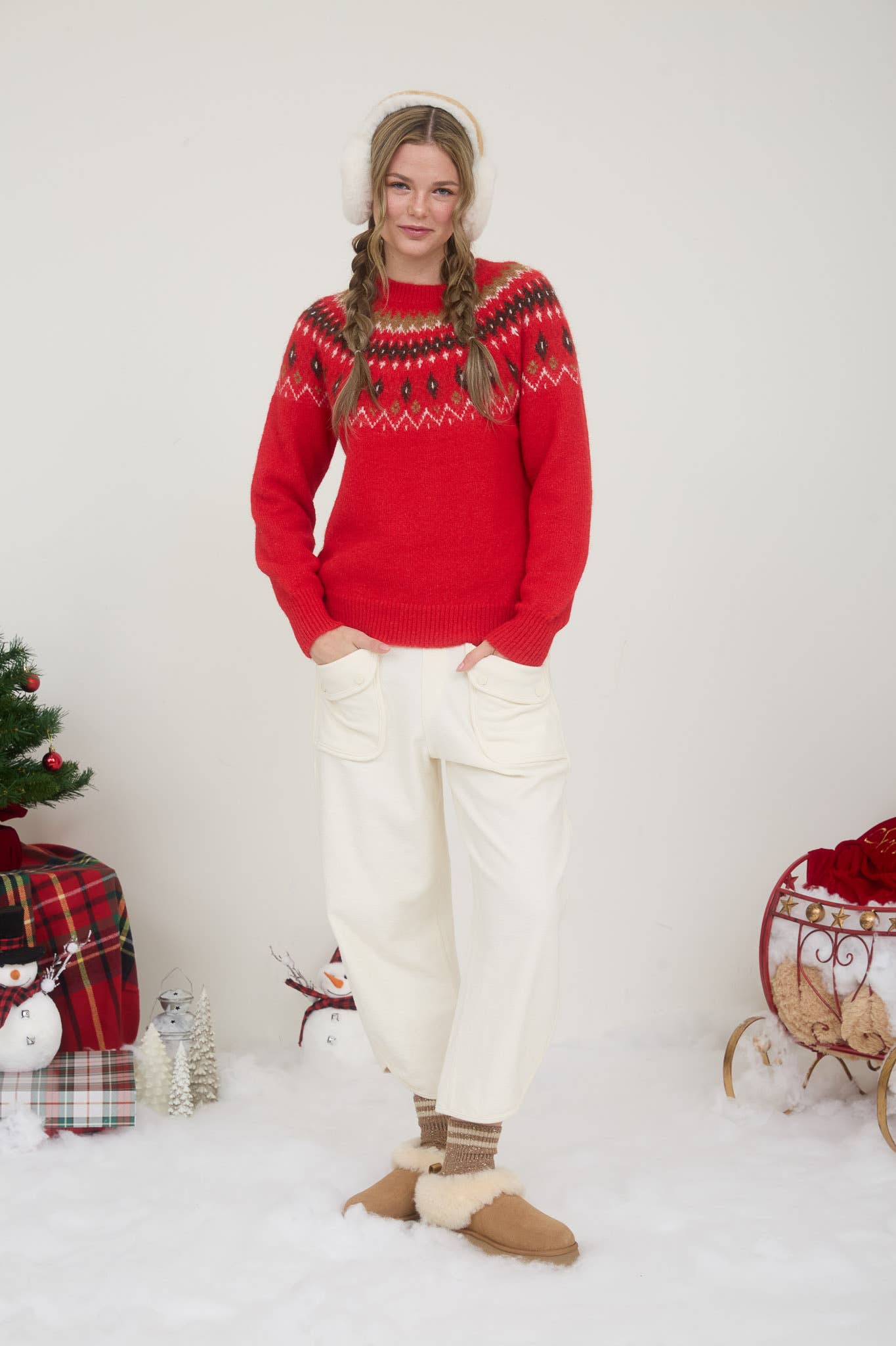 FUZZY FAIR ISLE CREW NECK KNIT PULLOVER SWEATER