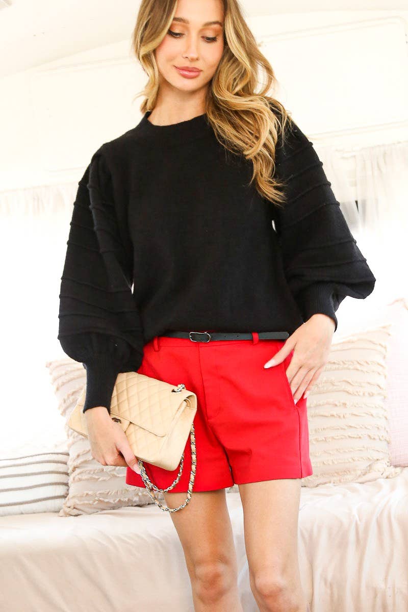 Textured Puff Sleeve Sweater Top Black