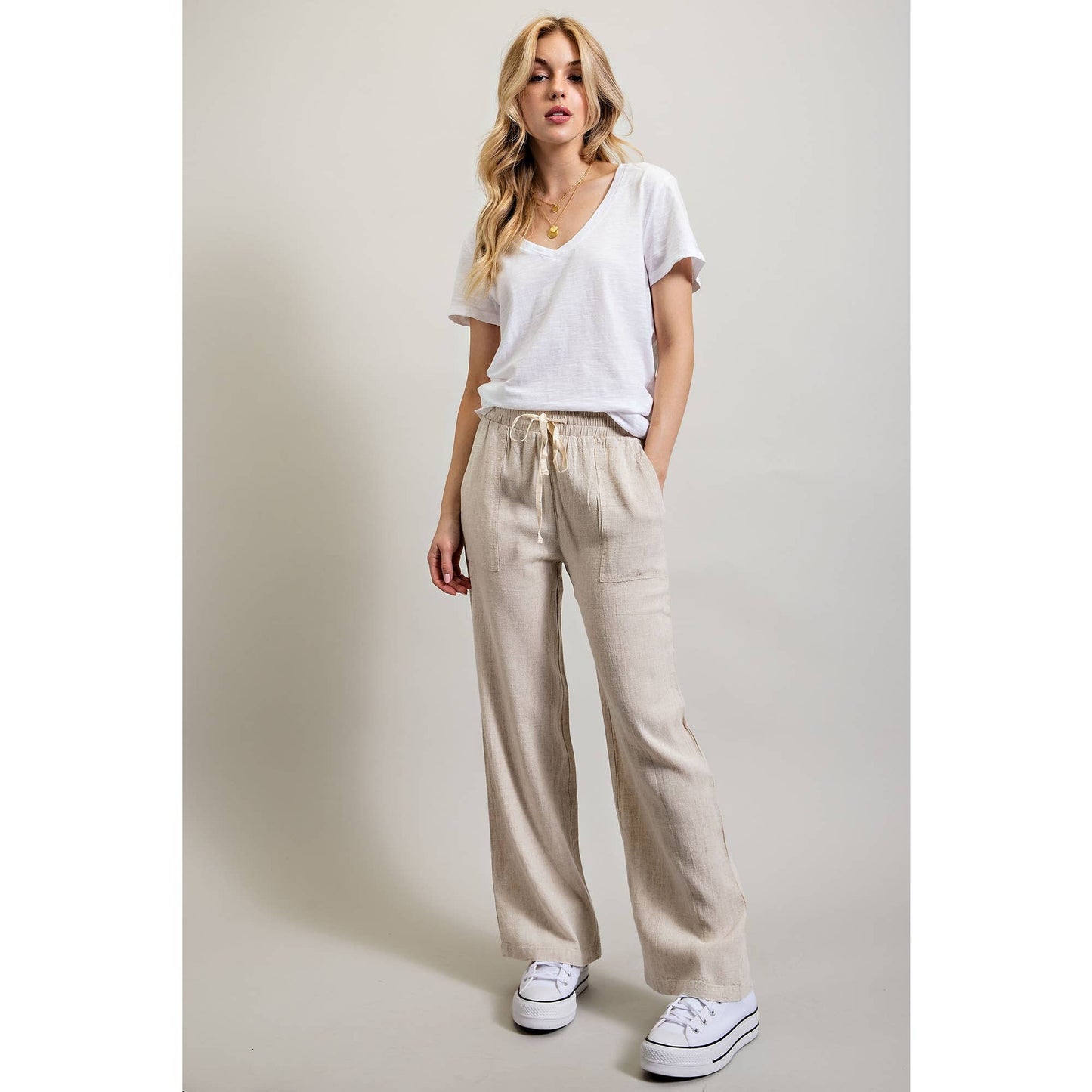 LINEN BLEND LOOSE STRAIGHT LEG PANTS