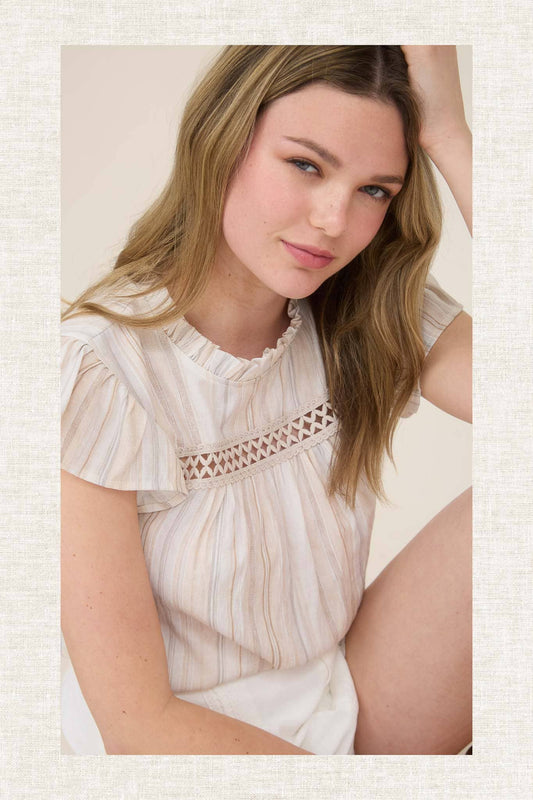 Stripe Lace Trim Ruffle Sleeve Top