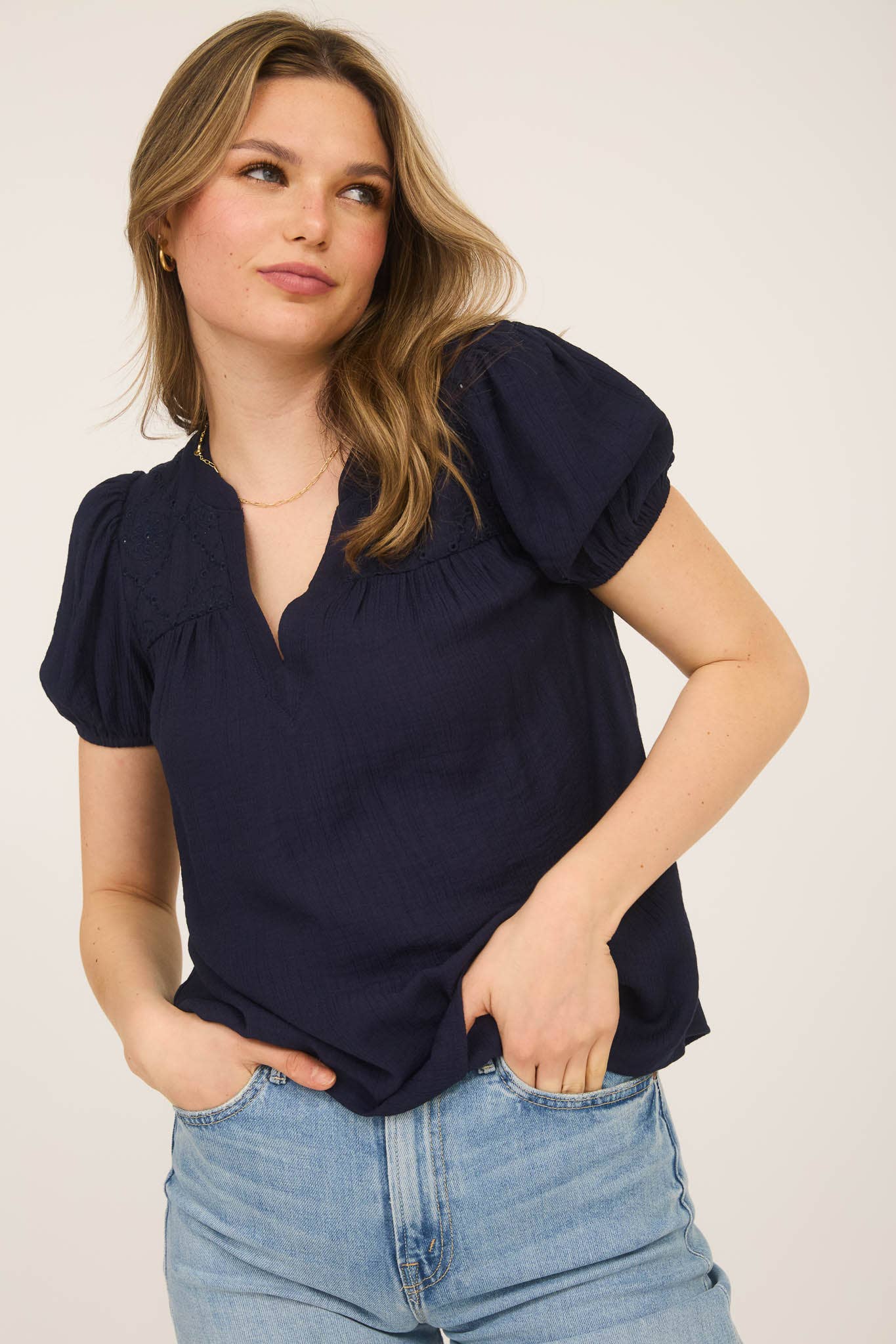 White or Navy Eyelet Top with Puff Sleeves