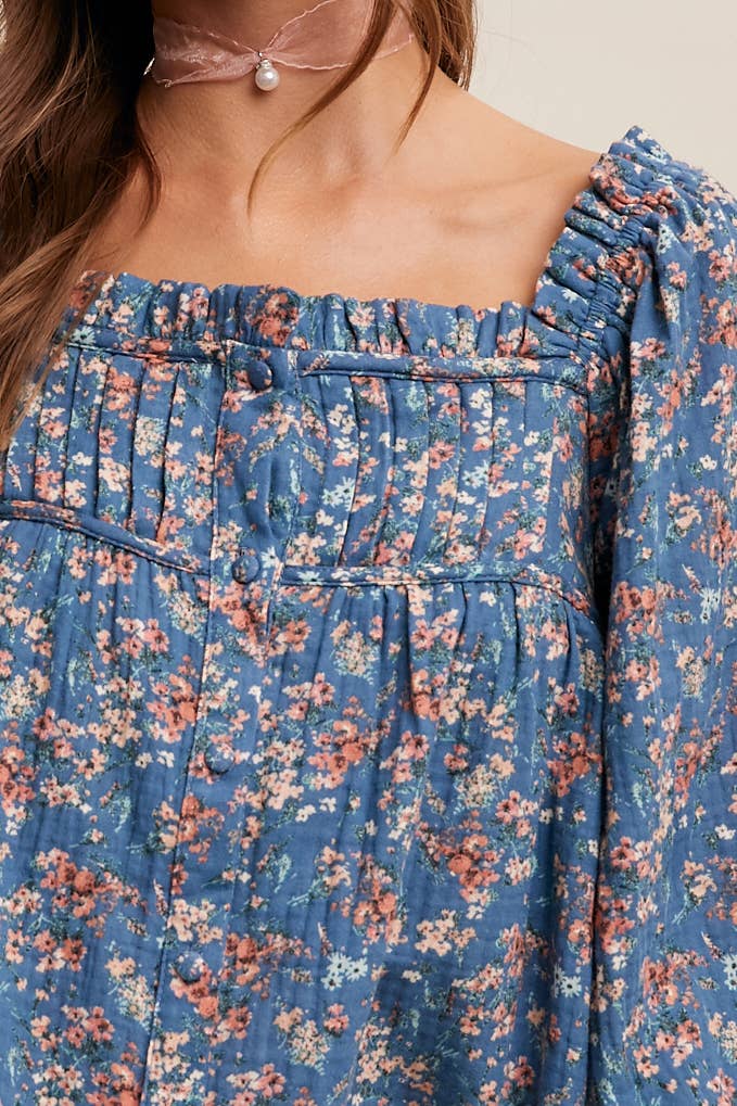 Square-Neck Floral Print Blouse