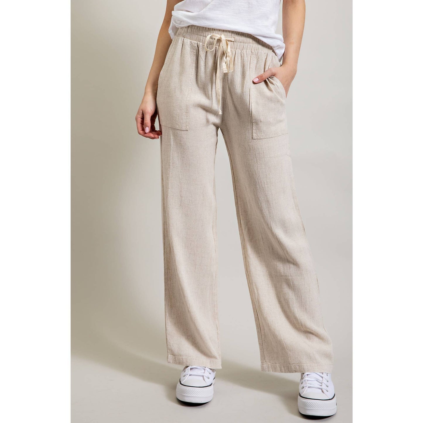 LINEN BLEND LOOSE STRAIGHT LEG PANTS
