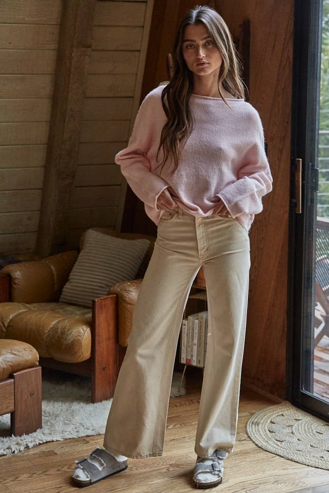 Knit Sweater Rolled Round Neck Pullover Top